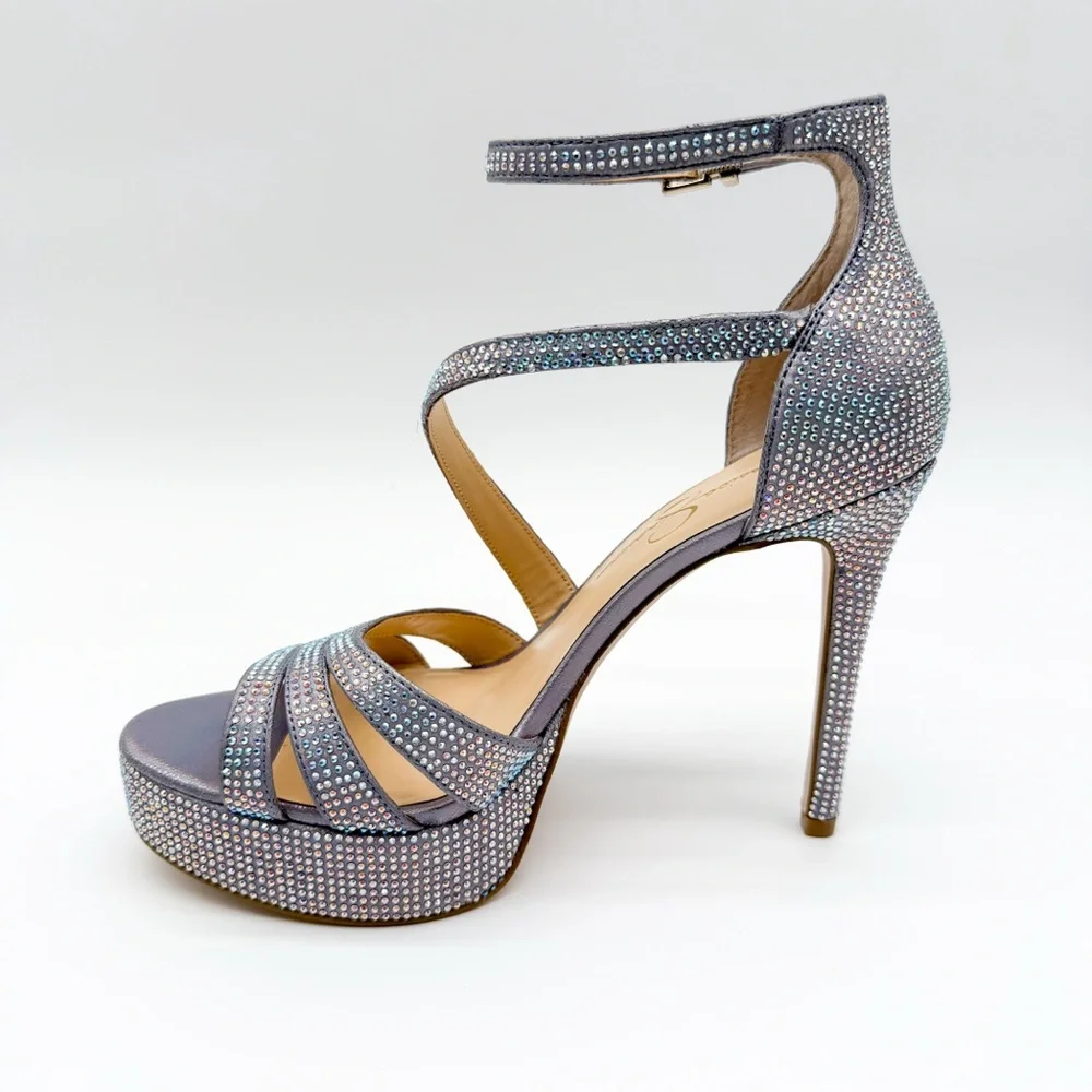 Jessica Simpson Shyremin Rhinestone Platform Stiletto Sandals Silver Glam 8 NEW